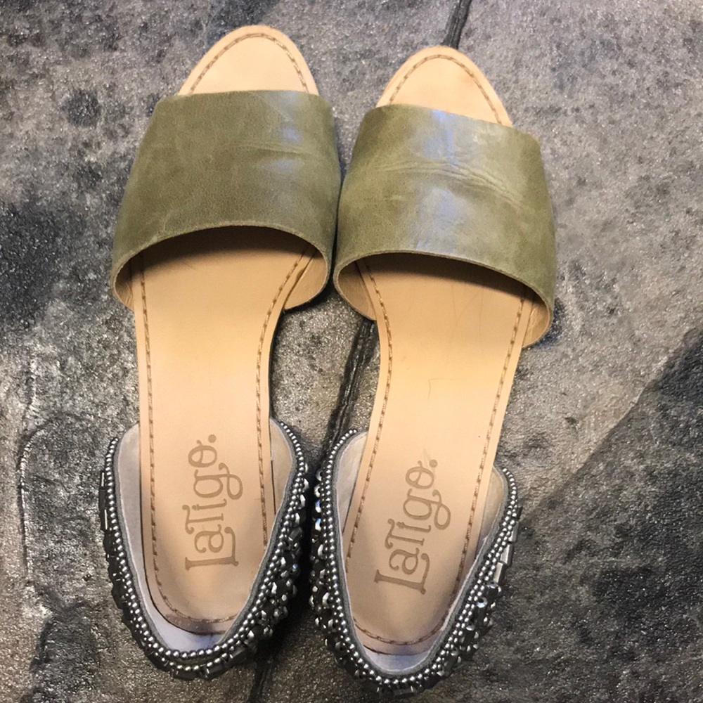 Olive green/brown sandals with silver beaded backs